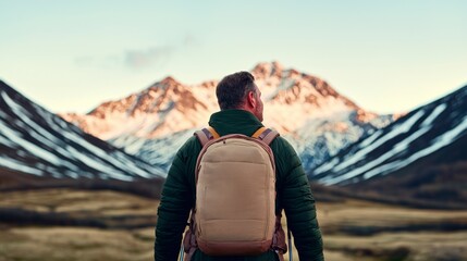 Fototapeta premium Man Hiking Scenic Mountain Landscape Back View Backpack Adventure Travel