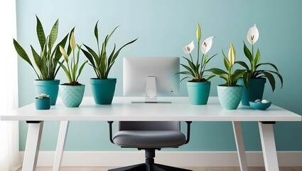 Indoor Plants on White Desk with Computer and Chair for Home or Office
