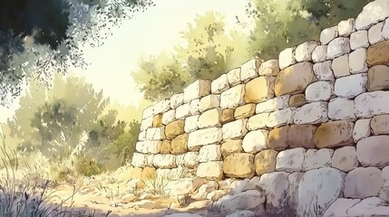Sunlit ancient stone wall surrounded by lush greenery under a clear sky, evoking tranquility