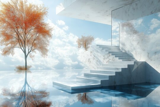 Surrealist photography, modern high-tech windows and other reflections of tranquil meadow scenes, the peace of the sky and clouds, bridges made of light