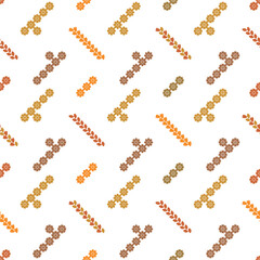 Small flowers in seamless pattern. Warm colors, earth tones florals and leaves, zigzag pattern.