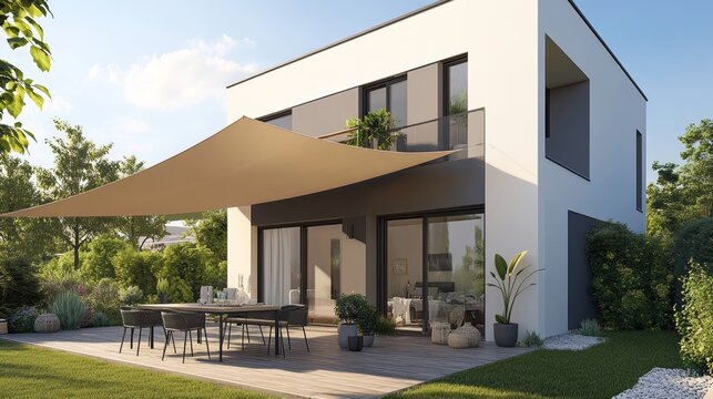 Modern house terrace in summer with table and shade sail