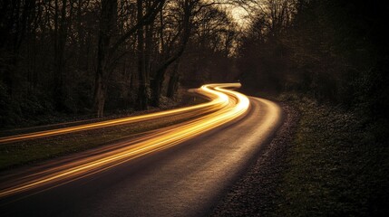 Fototapeta premium Dynamic Light Trails on Winding Forest Road at Night