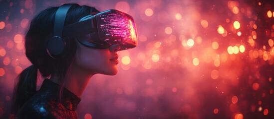 Fototapeta premium Woman wearing VR headset, futuristic red bokeh background.