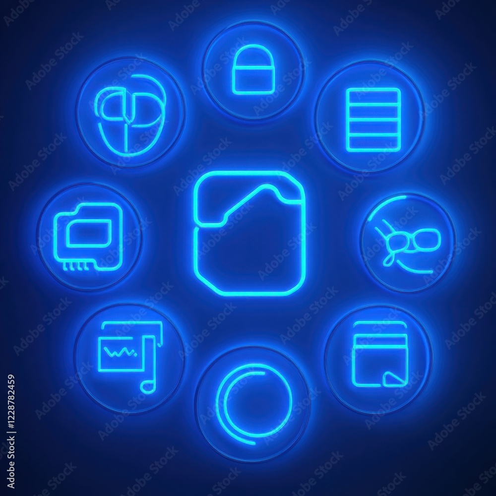 Poster futuristic neon icons set representing security, privacy, technology, and data management in a vibra
