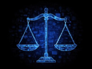Abstract representation of justice scales in glowing blue color against a dark background filled with legal symbols and icons representing law and order