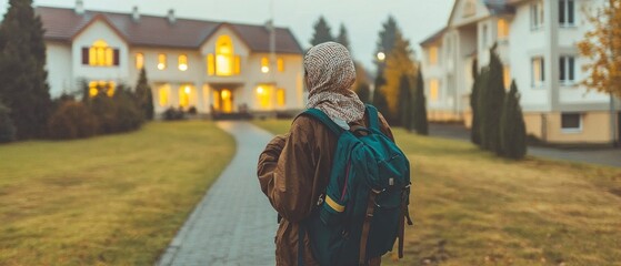 Obraz premium Student Walking Towards University Building at Dusk