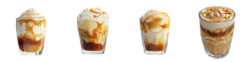 set of A nice royal glass, elegant illustration of vanilla latte in glass, vanilla latte in a fancy glass, vanilla latte in a royal glass with smooth gradient of cream and coffee, on a transparent bac