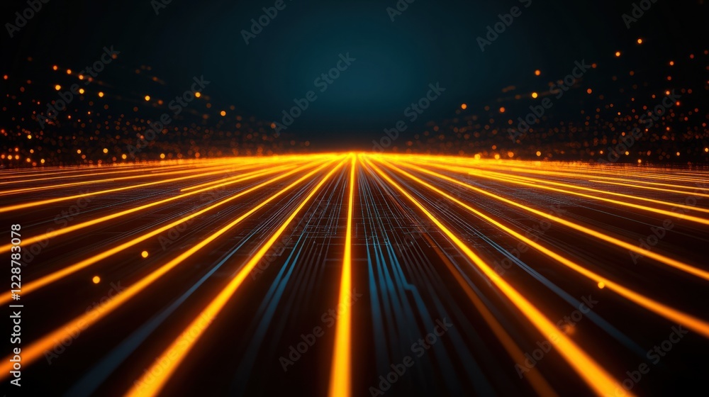 Poster futuristic abstract background with glowing lines and dots in orange and blue colors representing te