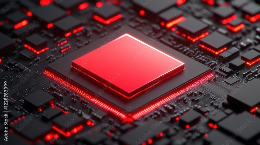 Poster futuristic close-up of red and black circuit board with glowing components and central processor, te