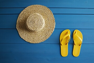 Straw hat and yellow flip-flops on blue wood.