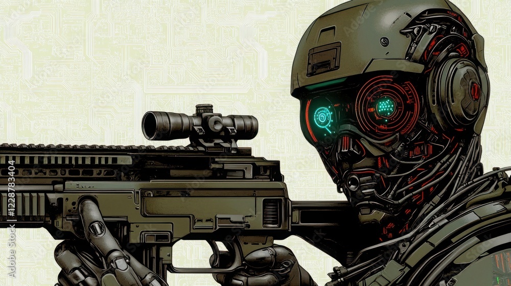 Aufkleber futuristic robot soldier with advanced technology aiming weapon in a cyberpunk setting showcasing in