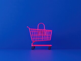 Vibrant Neon Pink Shopping Cart on Bold Blue Background for Modern Retail and E-commerce Concepts, Fun and Eye-catching Visuals