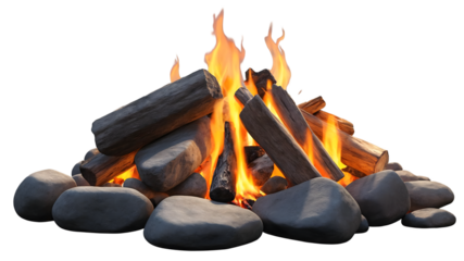 Roaring Campfire with Glowing Embers and Rocks – Perfect for Outdoor Adventures and Cozy Nights
