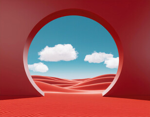 3d render, Surreal desert landscape with white clouds going into the red Round portals on sunny day. Modern minimal abstract background