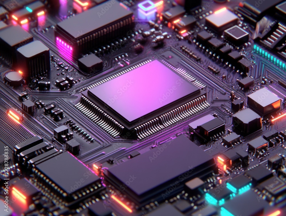 Poster abstract close-up of a modern circuit board with intricate electronic components and colorful led li