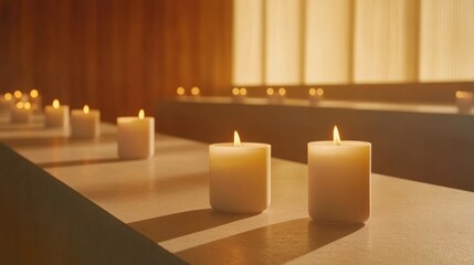 Soft Lit Candles on Table in Warm Light with Calm Atmosphere