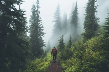 Obraz premium Serene Hiker Trekking Through Lush Green Forest in Foggy Atmospheric Conditions