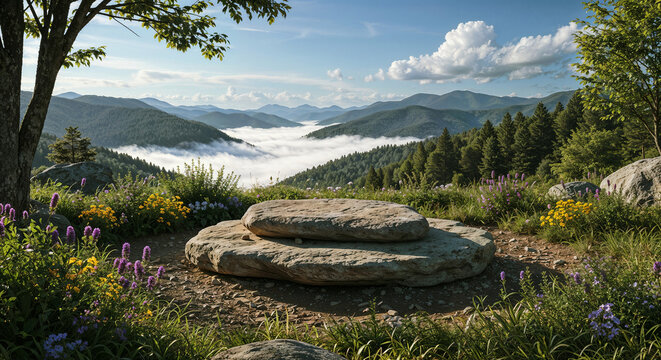 a quiet place with a flat stone for meditation in nature . Generative AI