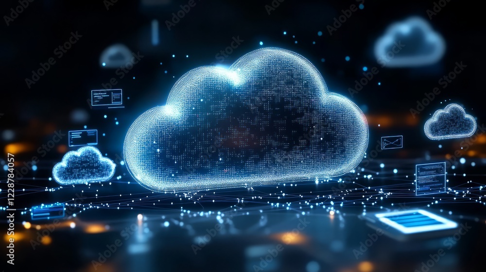 Poster futuristic digital cloud with glowing connections and data streams for technology concepts.