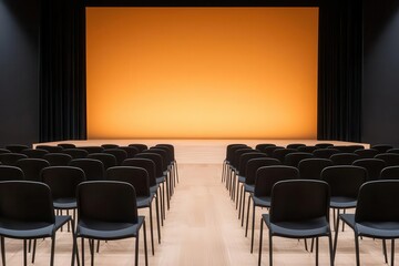 Obraz premium Modern auditorium setup with rows of chairs and orange backdrop.
