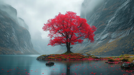 single pink  tree at foggy mountains alpine with river