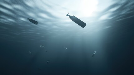 Underwater scene depicting plastic waste floating in deep blue water with sunlight filtering through