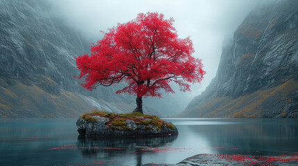 single pink  tree at foggy mountains alpine with river
