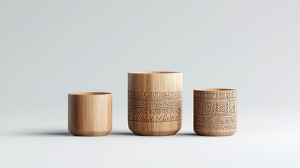 Three Carved Wooden Cups on Beige Background