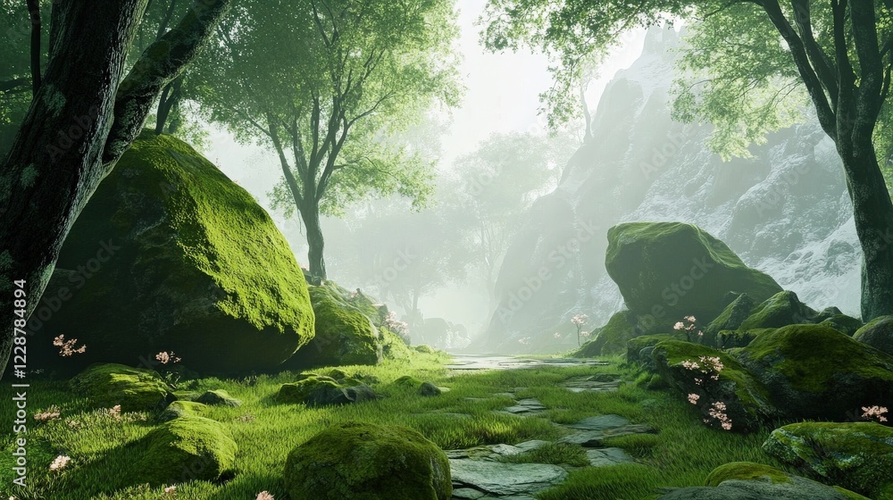 Poster lush green forest path with moss-covered rocks and soft sunlight filtering through trees