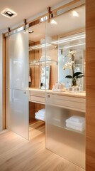 Modern bathroom interior with stylish glass sliding doors and decor.