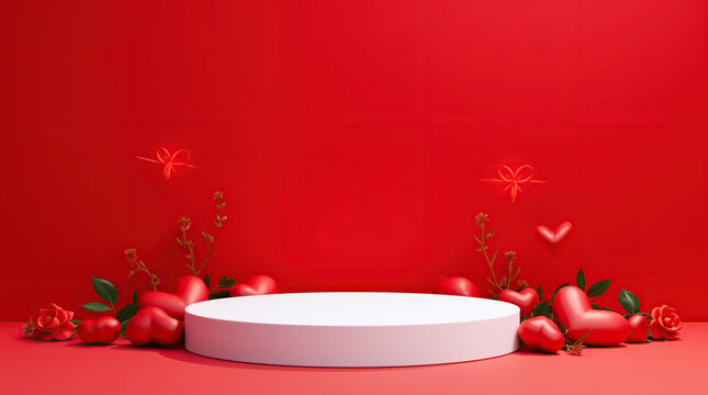 Empty white podium, hearts and rose flowers on red background. Stand for product presentation. Valentine's day.