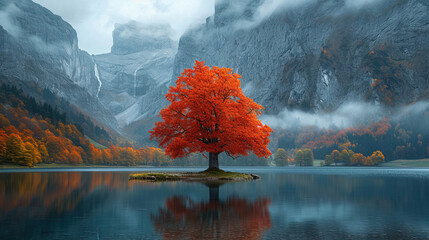 single poink  tree at foggy mountains alpine with river