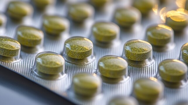 Green yellow tramadol capsule pills on blurred silver blister pack background with copy space Cancer pain management Opioid analgesics Drug abuse in teenage