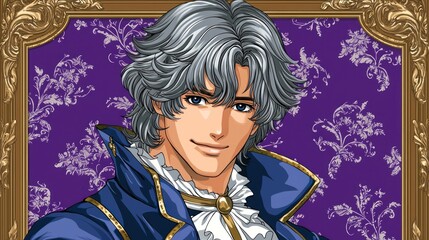 Fototapeta premium Handsome man portrait, purple background, ornate frame, romantic style, ideal for romance novels