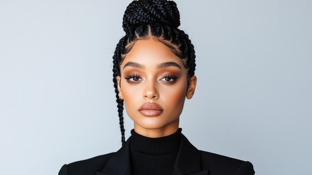 Hairstyle braid fashion concept. Confident and Chic African American Woman with Stylish Knotless Box Braids Hairstyle