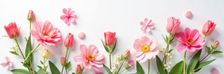 Fototapeta premium Spring floral bouquet on white background with delicate pills, pills, flowers, health