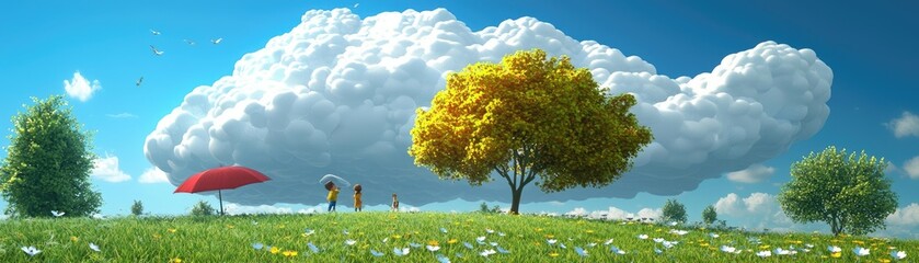 Children play in sunny meadow, large cloud above, springtime. Ideal for family, nature themes