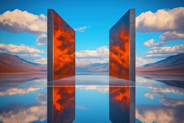Surrealist photography, modern high-tech windows and other reflections of tranquil meadow scenes, the peace of sky and clouds, a bridge made of light, celestial light coming down from the sky
