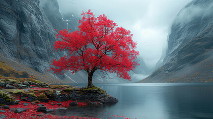 single pink  tree at foggy mountains alpine with river