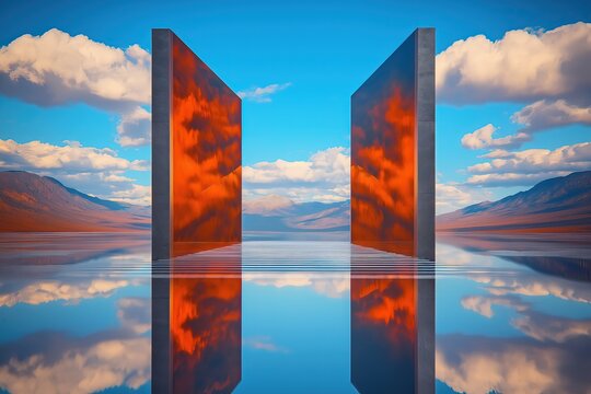 Surrealist photography, modern high-tech windows and other reflections of tranquil meadow scenes, the peace of sky and clouds, a bridge made of light, celestial light coming down from the sky