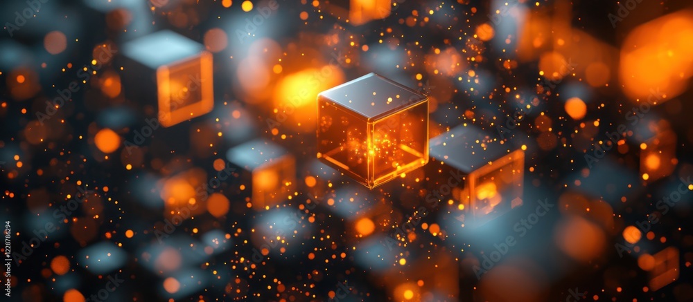 Poster glowing cubes and particles in abstract digital space.