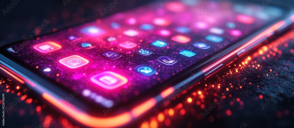 Poster glowing smartphone screen displaying numerous app icons.