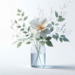 Obraz premium A bouquet of white flowers in a glass vase with green leaves blooming beautifully