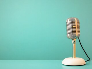 Vintage microphone on a simple turquoise background, perfect for music, podcasting, or broadcasting concepts, creating a retro and stylish atmosphere