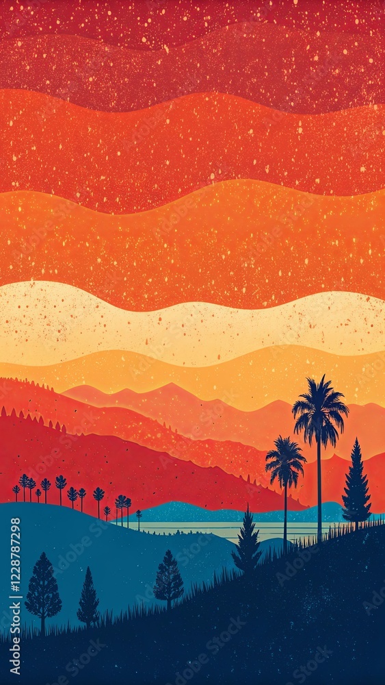 Poster A colorful mountain range with a palm tree in the foreground