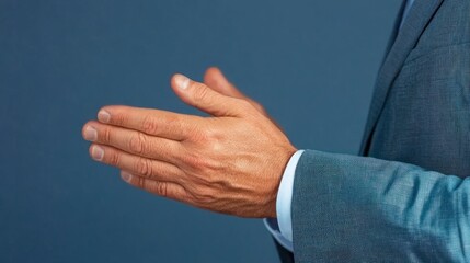 Obraz premium Elegant Businessman Hand Gesture for Presentation Against a Blue Background, Professional Communication, Confidence, and Engagement in Business Environment