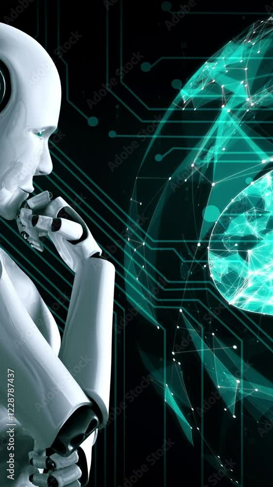Poster thinking ai hominoid robot analyzing hologram screen showing concept of ai brain and artificial inte
