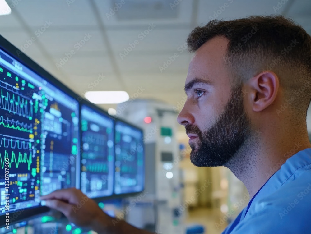 Aufkleber medical professional analyzing patient data on multiple monitors in a modern hospital setting focuse