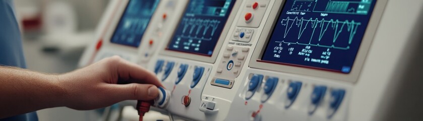 Medical Professional Operating Heart Monitor in Hospital Setting with Advanced Technology and Patient Data Displayed on Screen